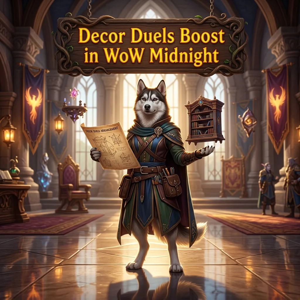 Promotional image for the Decor Duels Boost service in WoW Midnight, identifying the product and its specific game context.