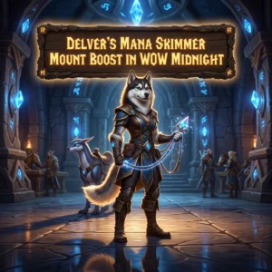 Promotional image for the Delver’s Mana Skimmer Mount Boost service in WoW Midnight.