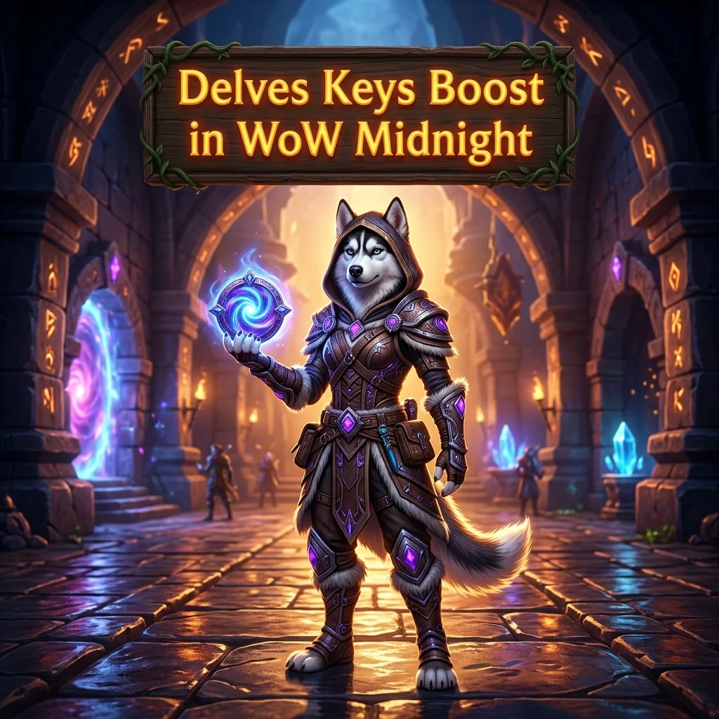 Promotional image representing the Delves Keys Boost service for WoW Midnight