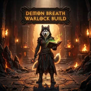 Promotional image for the Demon Breath Warlock Build in Diablo 4 Season 15, presented as a square product graphic.