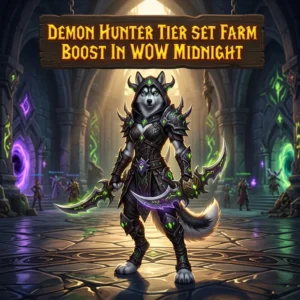 Promotional image for the Demon Hunter Tier Set Farm Boost service in WoW Midnight, focused on farming the Demon Hunter tier set.