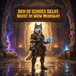 Promotional image for the Den of Echoes Delve Boost service in WoW Midnight.