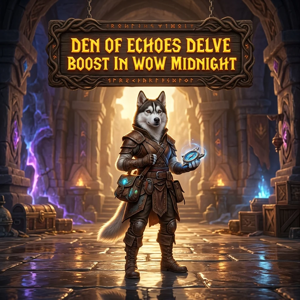 Promotional image for the Den of Echoes Delve Boost service in WoW Midnight.