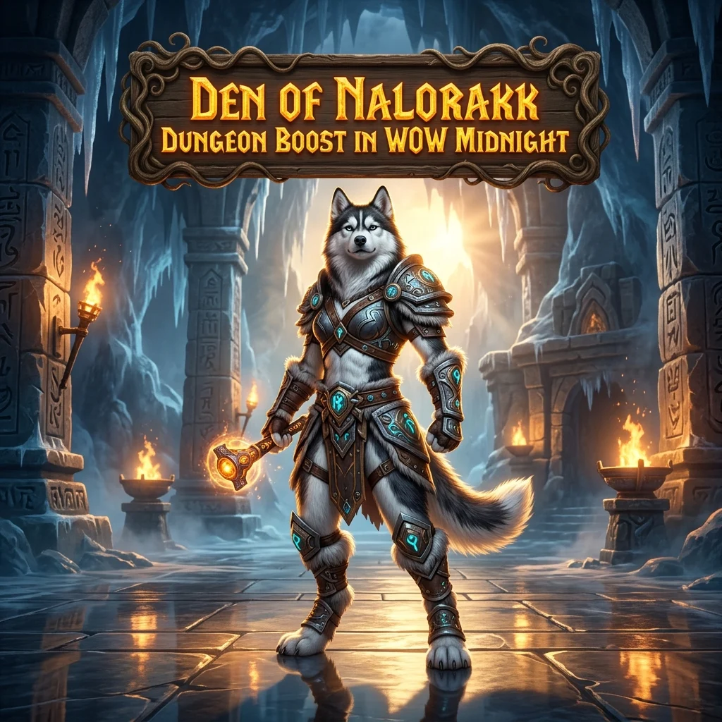 Promotional image for the Den of Nalorakk Dungeon Boost service in WoW Midnight.
