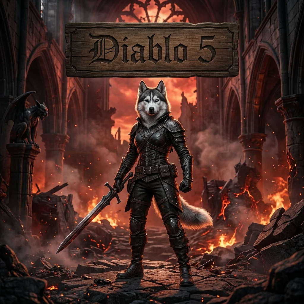 Square promotional artwork for Diablo 5 boosting services with a fully clothed upright female Husky and a themed top sign.