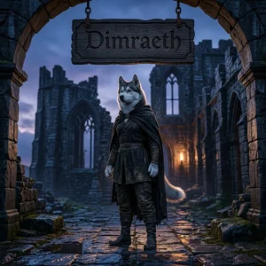 Square game-themed artwork featuring an upright female Husky in themed clothing beneath a Dimraeth boosting services sign