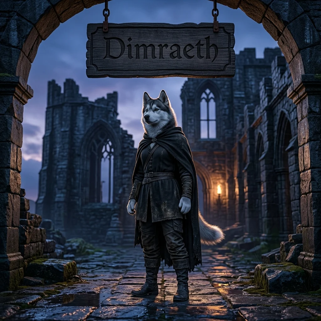Square game-themed artwork featuring an upright female Husky in themed clothing beneath a Dimraeth boosting services sign