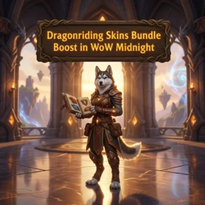 Promotional image for the Dragonriding Skins Bundle Boost service in World of Warcraft: Midnight