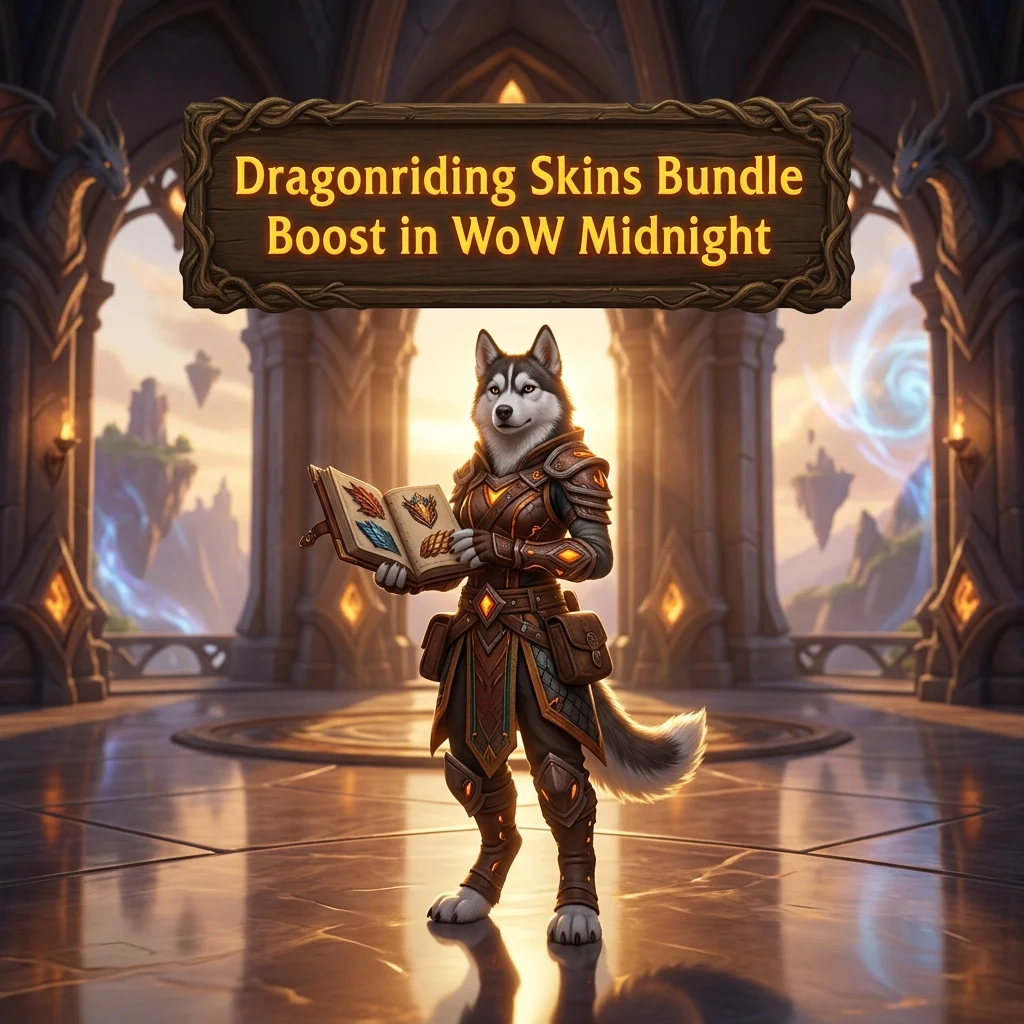 Promotional image for the Dragonriding Skins Bundle Boost service in World of Warcraft: Midnight