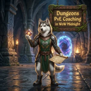 Promotional image for Dungeons PvE Coaching in WoW Midnight, a coaching service focused on PvE dungeons in the game.