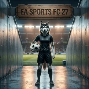 Square artwork with an upright female Husky in a football-themed outfit and a sign for EA SPORTS FC 27 boosting services.