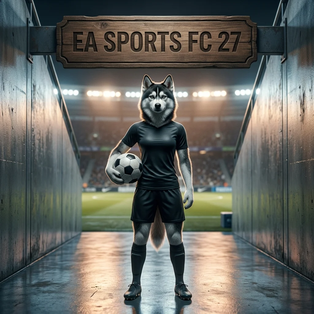 Square artwork with an upright female Husky in a football-themed outfit and a sign for EA SPORTS FC 27 boosting services.