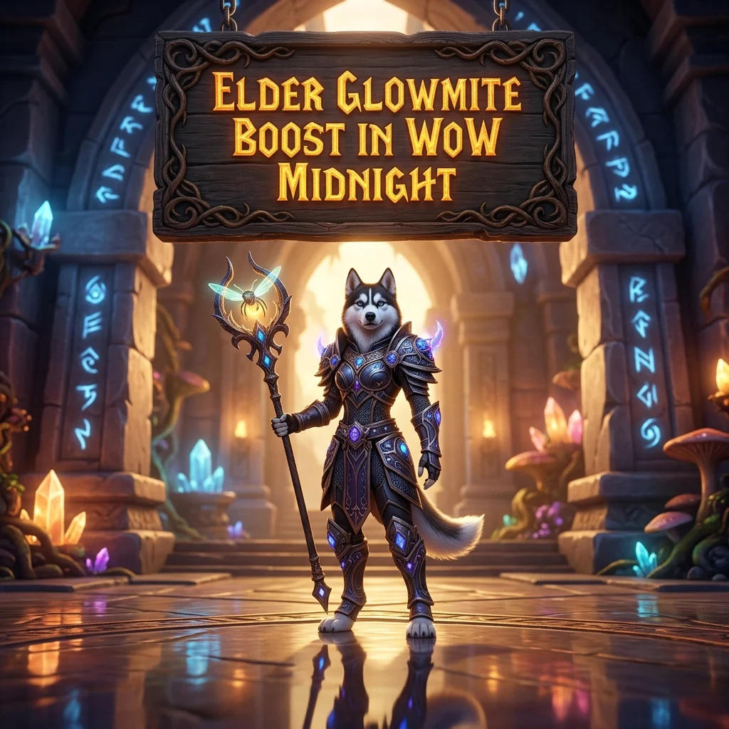 Promotional image for the Elder Glowmite Boost service in WoW Midnight, identifying the product for players seeking this specific in-game boost.