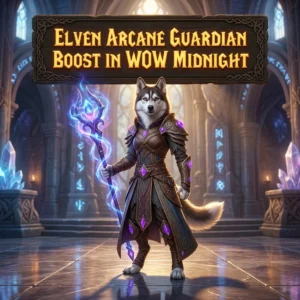 Promotional image for the Elven Arcane Guardian Boost service in WoW Midnight.