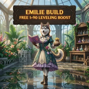 Promotional image for the Emilie Build Free 1–90 Leveling Boost in Genshin Impact service.
