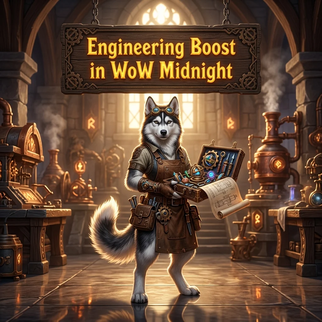 Promotional image for the Engineering Boost service in the WoW Midnight game