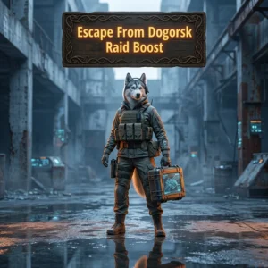 Promotional image for the Escape From Dogorsk Raid Boost service in Active Matter, representing the listed game service