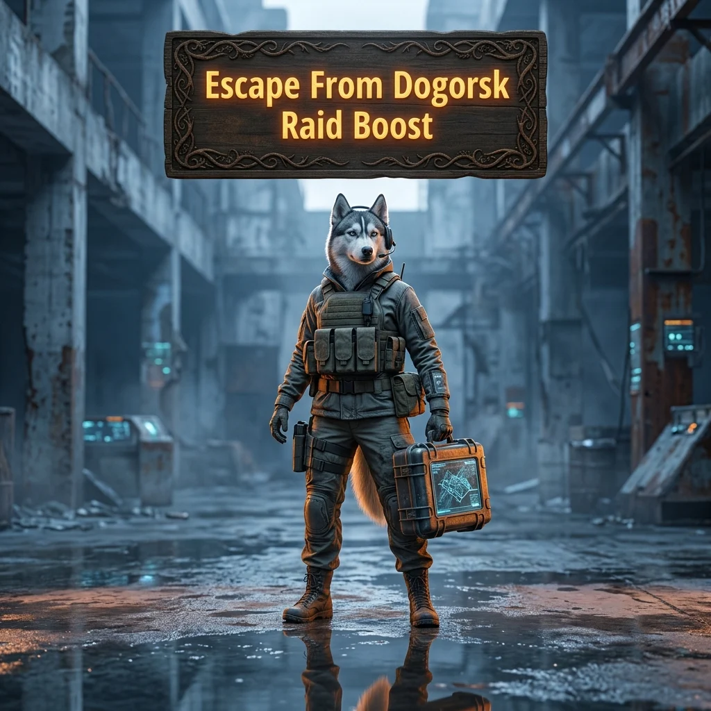 Promotional image for the Escape From Dogorsk Raid Boost service in Active Matter, representing the listed game service