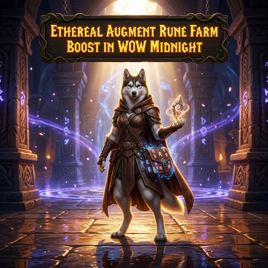 Promotional image for the Ethereal Augment Rune Farm Boost service in WoW Midnight.