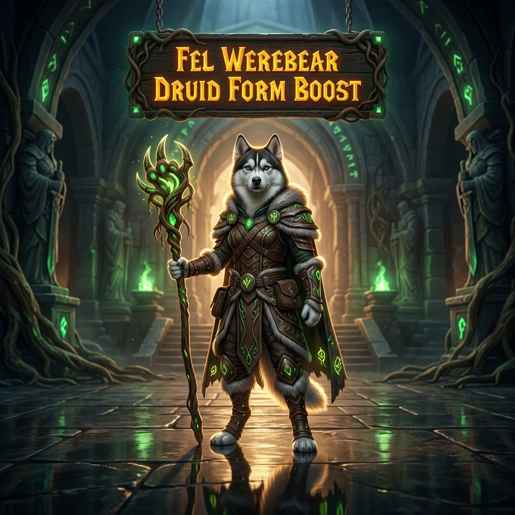 Promotional image representing the Fel Werebear Druid Form Boost service and its specific druid form offering