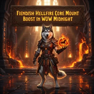 Promotional image for the Fiendish Hellfire Core Mount Boost service in WoW Midnight.