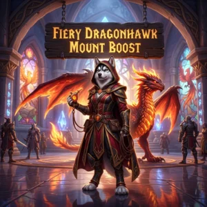 Promotional image for the Fiery Dragonhawk Mount Boost service in WoW Midnight.