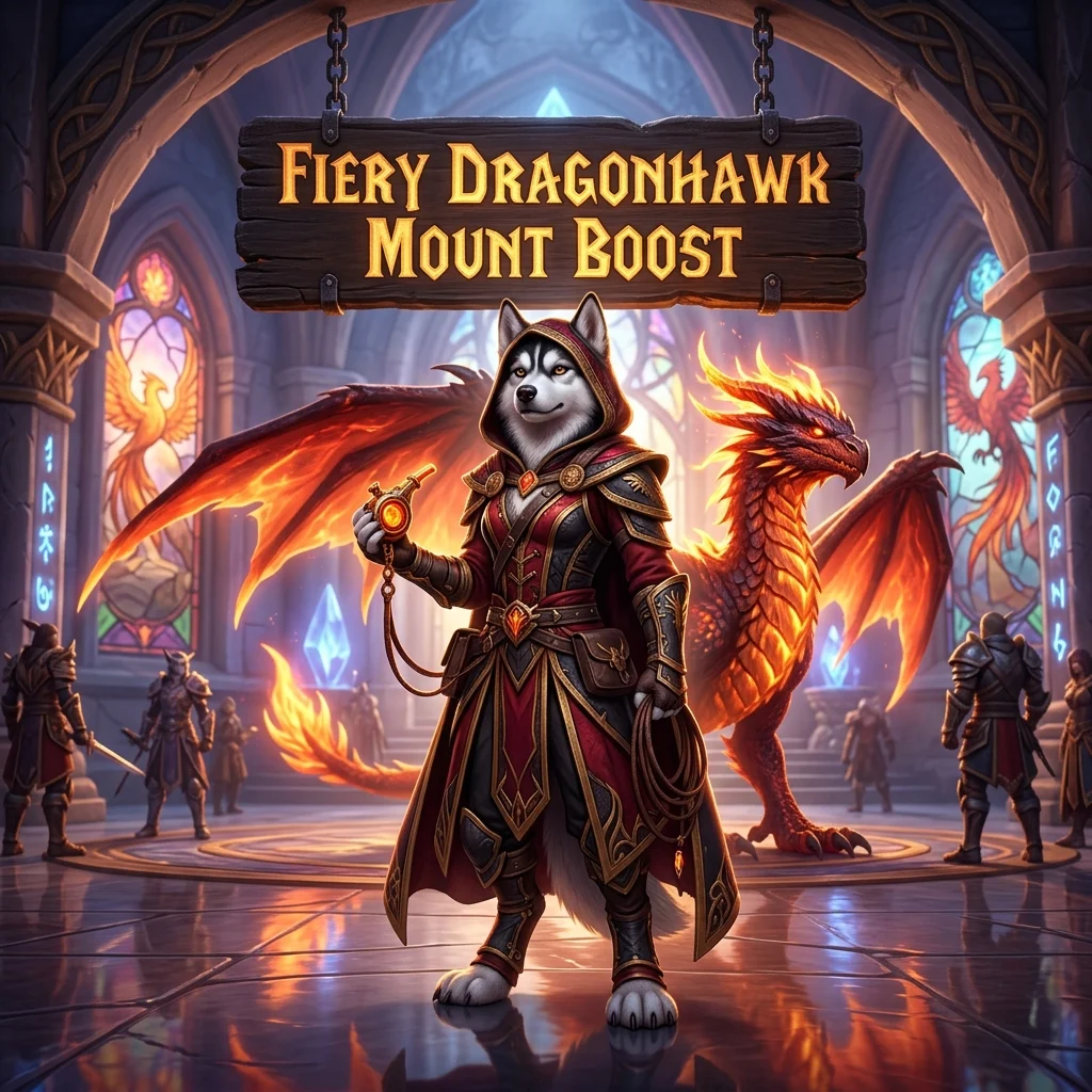 Promotional image for the Fiery Dragonhawk Mount Boost service in WoW Midnight.