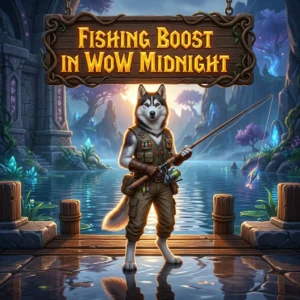 Promotional image for the Fishing Boost service in the WoW Midnight game