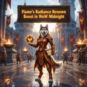 Promotional image representing the Flame’s Radiance Renown Boost service in World of Warcraft: Midnight