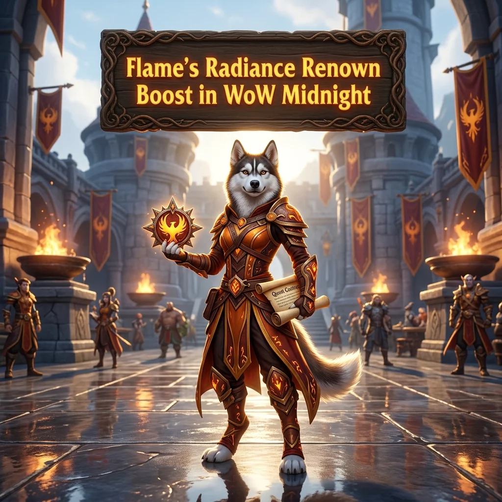 Promotional image representing the Flame’s Radiance Renown Boost service in World of Warcraft: Midnight
