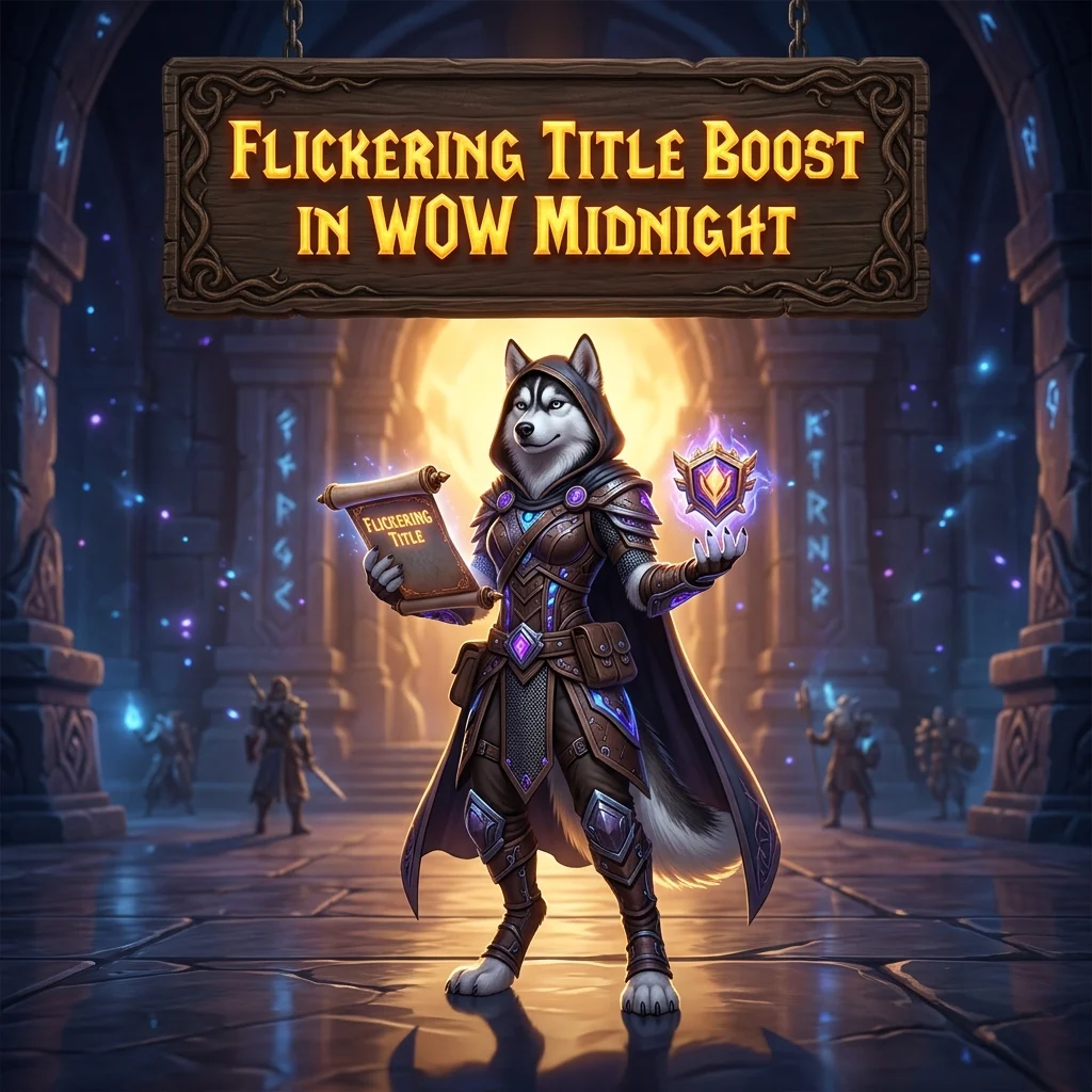Promotional image for the Flickering Title Boost service in WoW Midnight.