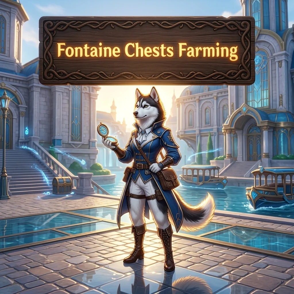 Promotional image for Fontaine Chests Farming Boost in Genshin Impact, focused on farming Fontaine chests.