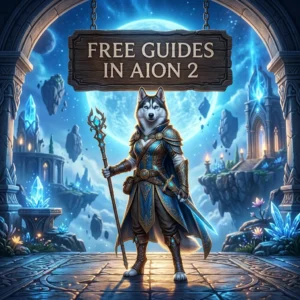 Square AION 2-themed artwork with an upright female Husky in game-inspired clothing and a sign promoting free guides.