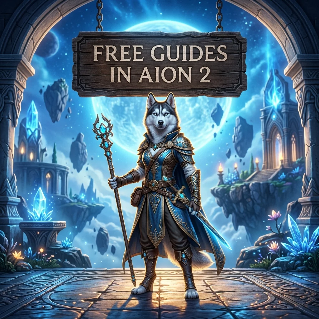 Square AION 2-themed artwork with an upright female Husky in game-inspired clothing and a sign promoting free guides.