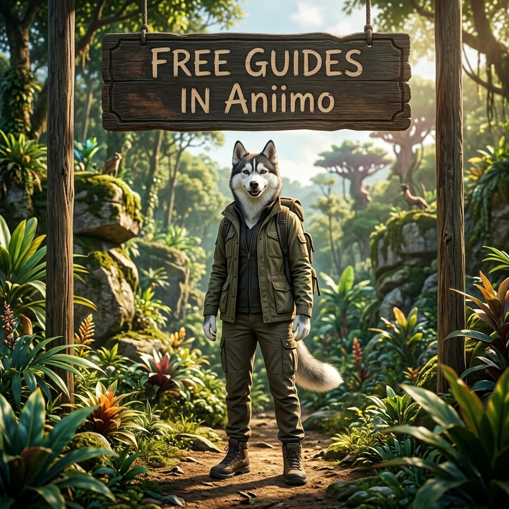 Square game-themed artwork showing an upright female Husky character beneath a sign promoting free guides in Aniimo.