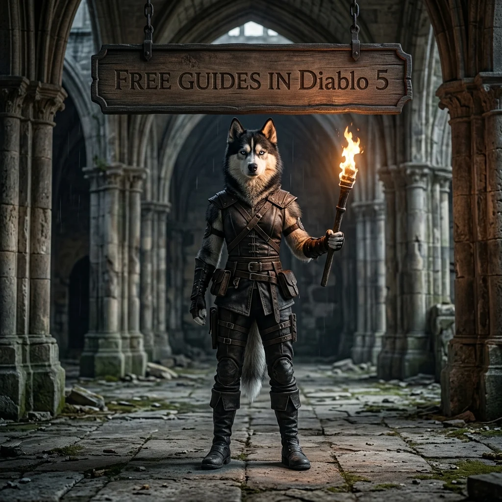 Square game-themed artwork with an upright female Husky, a dark action RPG-inspired setting, and a top sign for free Diablo 5 guides.