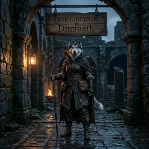 Promotional artwork showing an upright female Husky in a Dimraeth-themed setting beneath a sign for free guides
