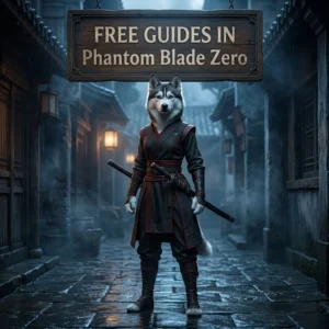 Square artwork featuring an upright female Husky in a themed setting beneath a sign for free Phantom Blade Zero guides.