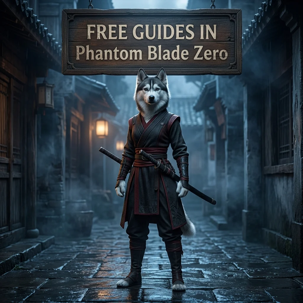 Square artwork featuring an upright female Husky in a themed setting beneath a sign for free Phantom Blade Zero guides.