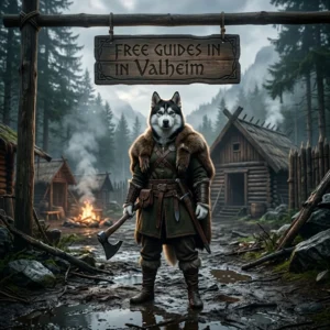 Square Valheim-themed promotional artwork with a fully clothed upright female Husky and a top sign offering free guides