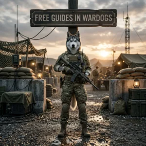 Square promotional artwork showing an upright female Husky in game-themed clothing beneath a sign reading “Free Guides in Wardogs.”