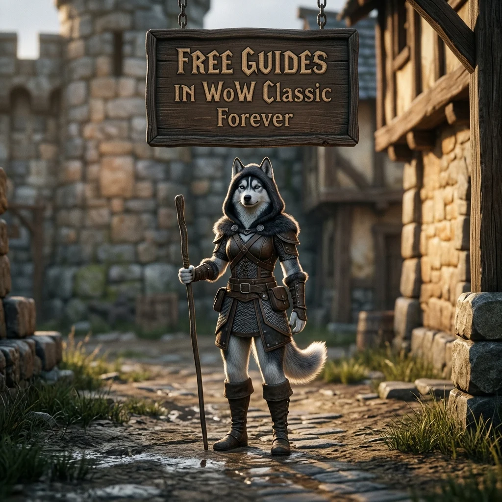 Square promotional artwork showing an upright female Husky in game-themed clothing beneath a sign for free WoW Classic Forever guides.