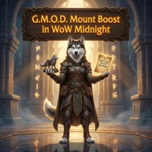 Promotional image for the G.M.O.D. Mount Boost service in World of Warcraft: Midnight.