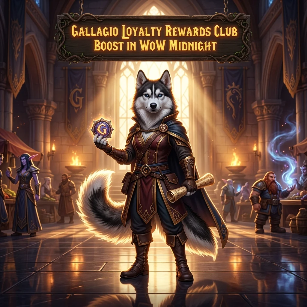 Promotional image for the Gallagio Loyalty Rewards Club Boost service in WoW Midnight.