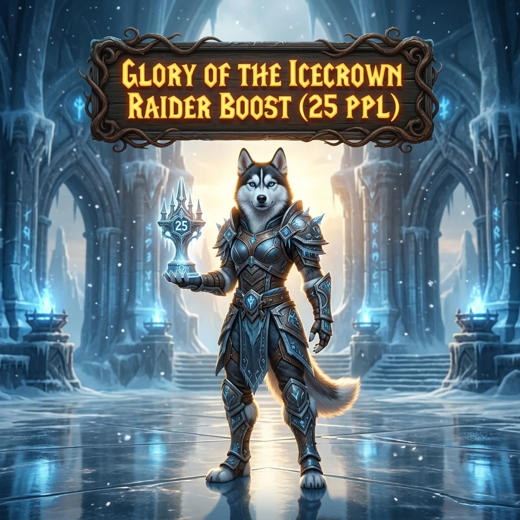 Promotional image for the Glory of the Icecrown Raider Boost service for a 25-player group