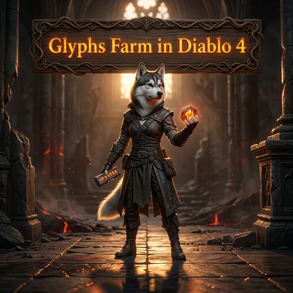 Promotional image for the Diablo 4 Glyphs Farm Boost service, focused on farming glyphs in Diablo 4.