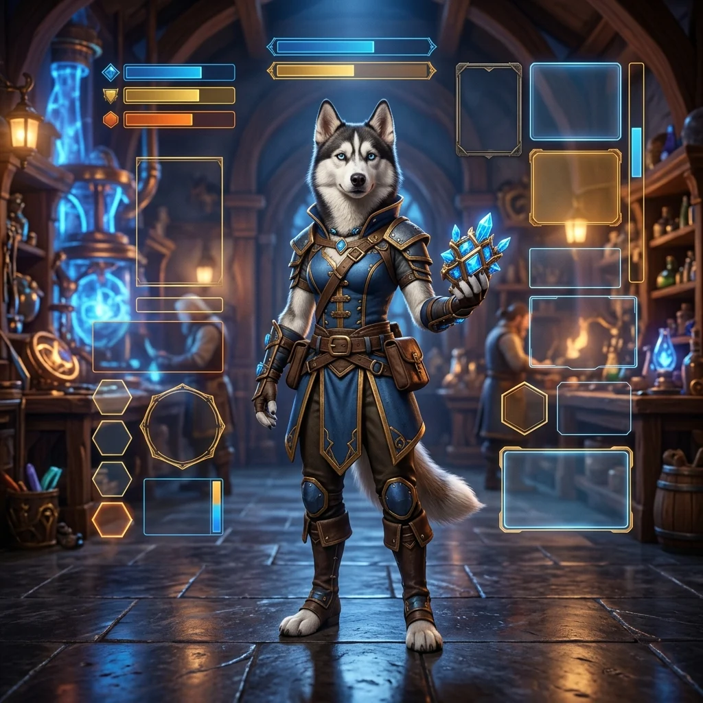 Arte de fantasia com uma interface de jogo exibida como tema central, sem texto legível ou sinais visíveis.
