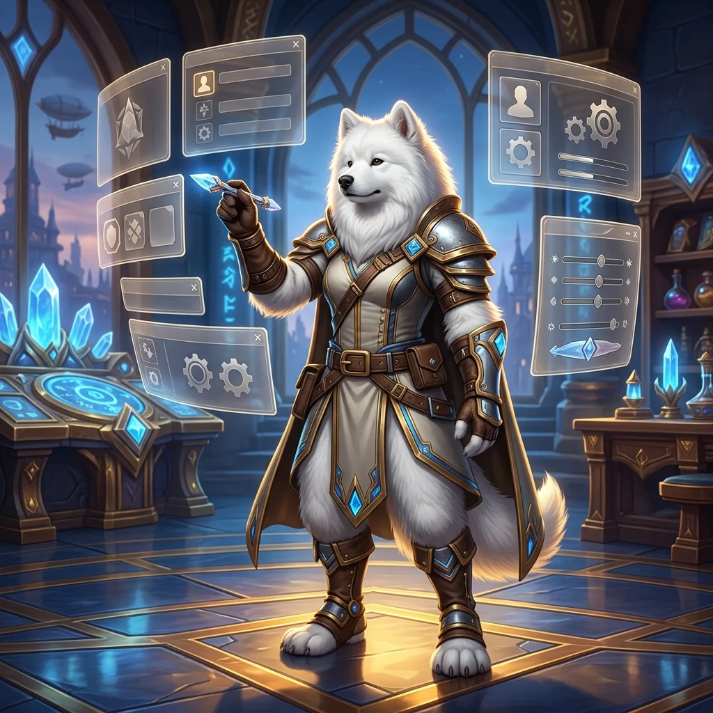 Ilustración de una interfaz de juego de fantasía presentada como imagen destacada de una guía de actualización, sin texto legible.
