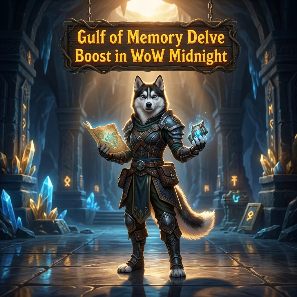 Promotional image for the Gulf of Memory Delve Boost service in World of Warcraft: Midnight