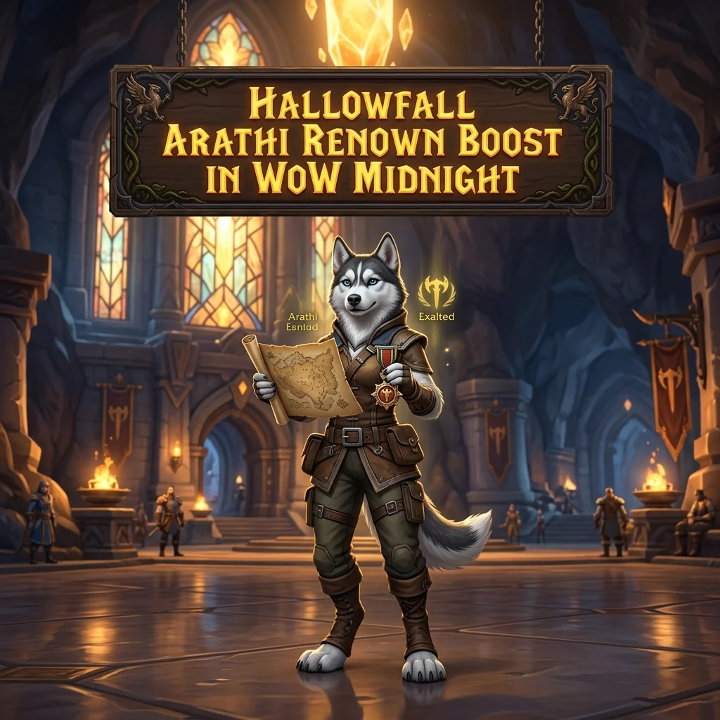 Promotional image representing the Hallowfall Arathi Renown Boost service in World of Warcraft: Midnight.